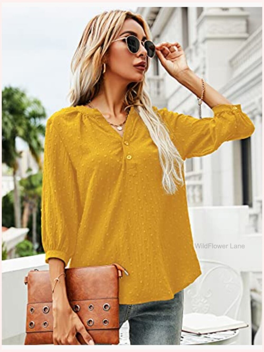 Women's Swiss Dot 3/4 Sleeve Henley V-Neck Blouse Tops - Picture 2 of 7